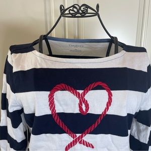 Talbots boatneck striped navy and white with embroidered rope heart top, Size MP